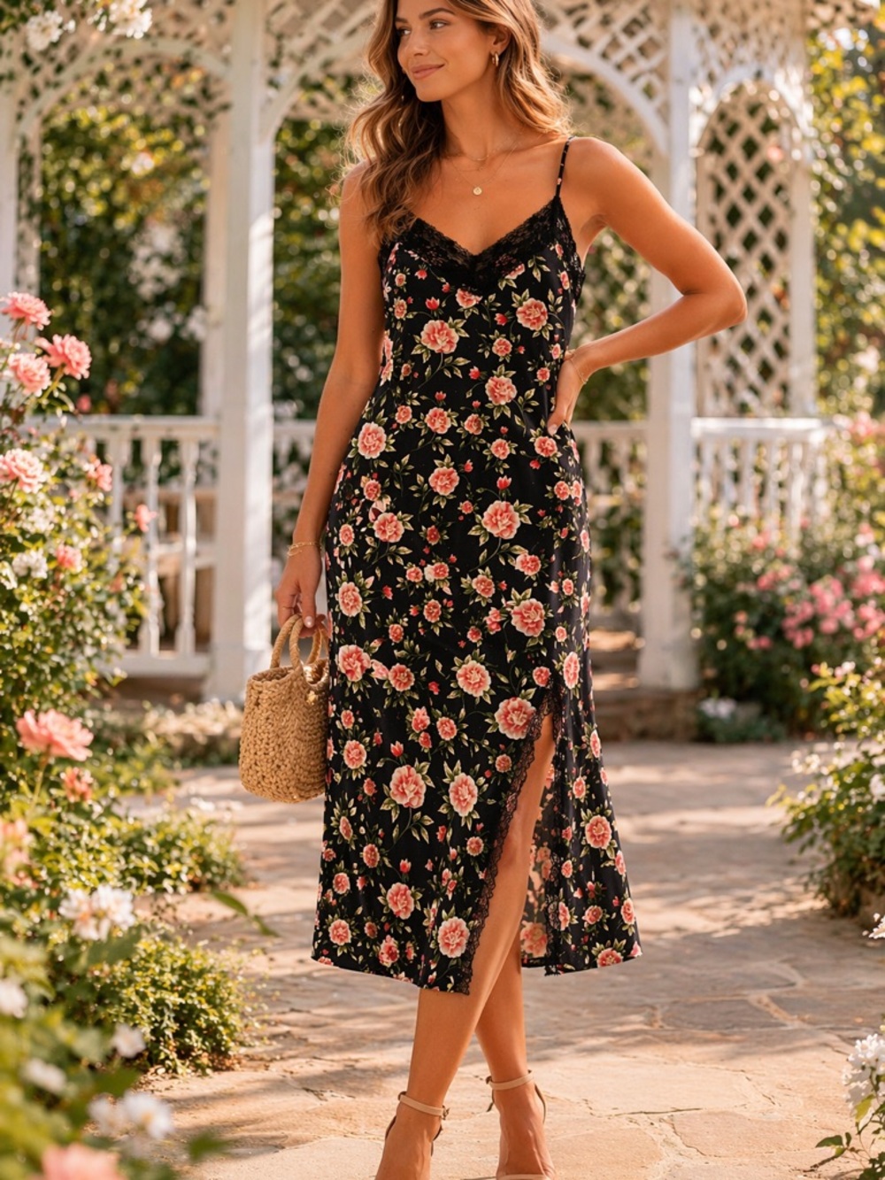 Grace & Mila Floral Slip Dress L Black Pink Lace Trim Midi/Maxi Sleeveless slit